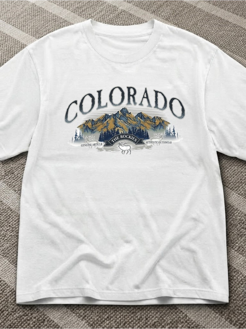Gildan Rockies White Tee with Blue and Gold Mountain Print